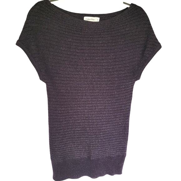 Calvin Klein Purple Metallic Wool Blend Cap Sleeve Tunic Sweater Blouse Size XS - Picture 1 of 11